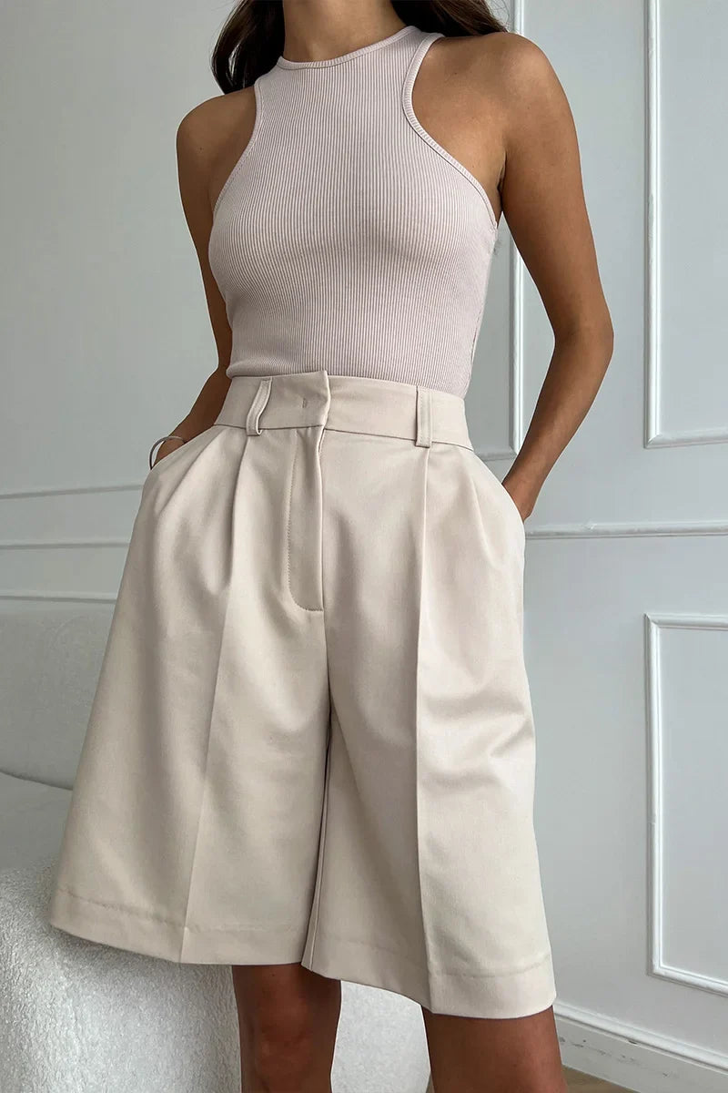 High-Waisted Pleated Bermuda Shorts