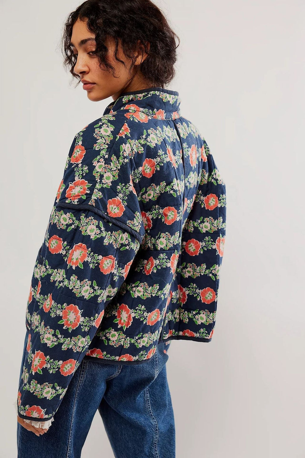 Jacket with Floral Print, Pockets and Drop Shoulders