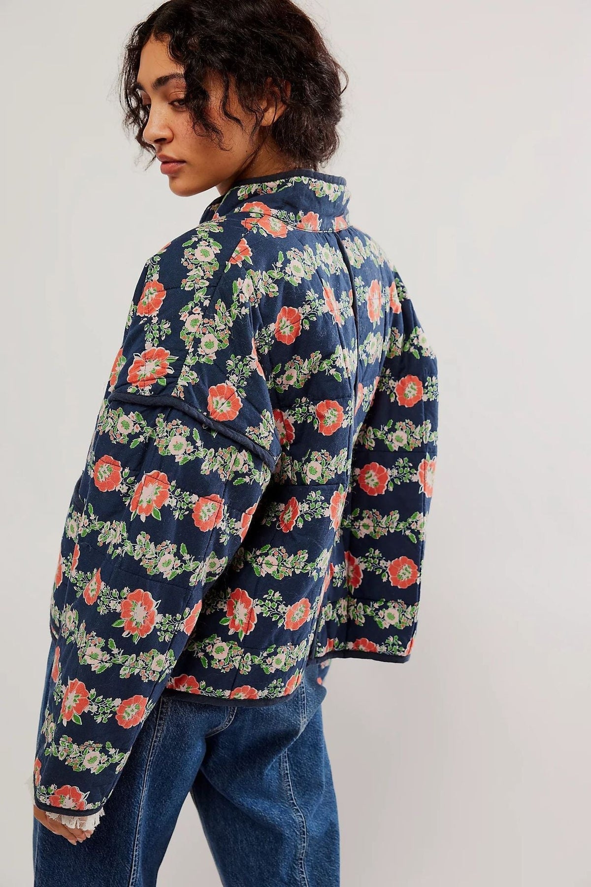Jacket with Floral Print, Pockets and Drop Shoulders