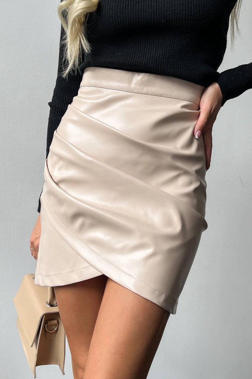 Modern Faux Leather Wrap Ruched High Waisted Mini Skirt