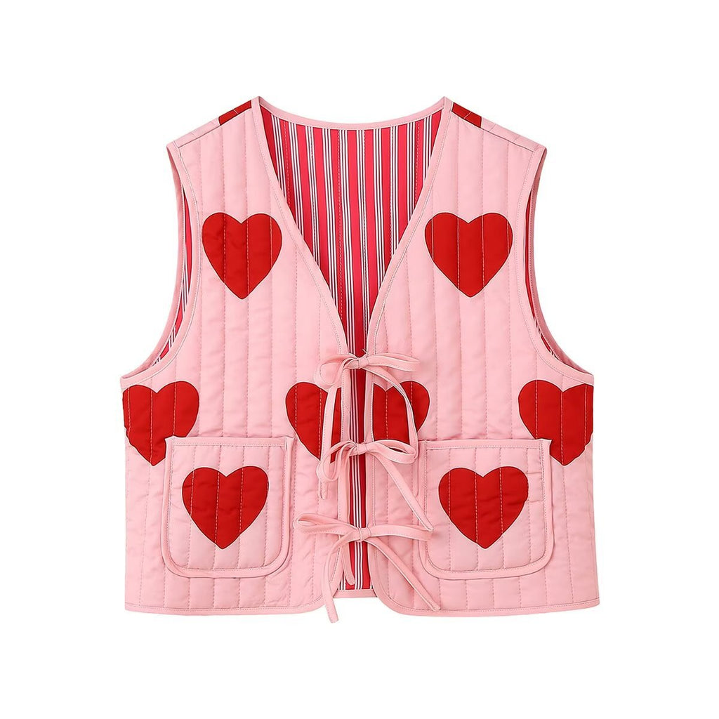 Denim Vest with Fitted Cut, Bow Details and V-Neck