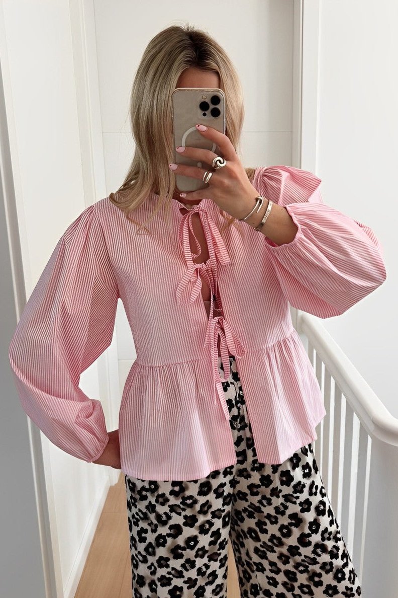 Modern Pintsripe Bow Blouse