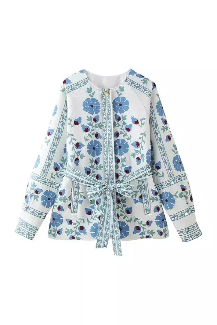 Relaxed Street Flowers Lace Up Buttons Patchwork Crew Neck Outerwear
