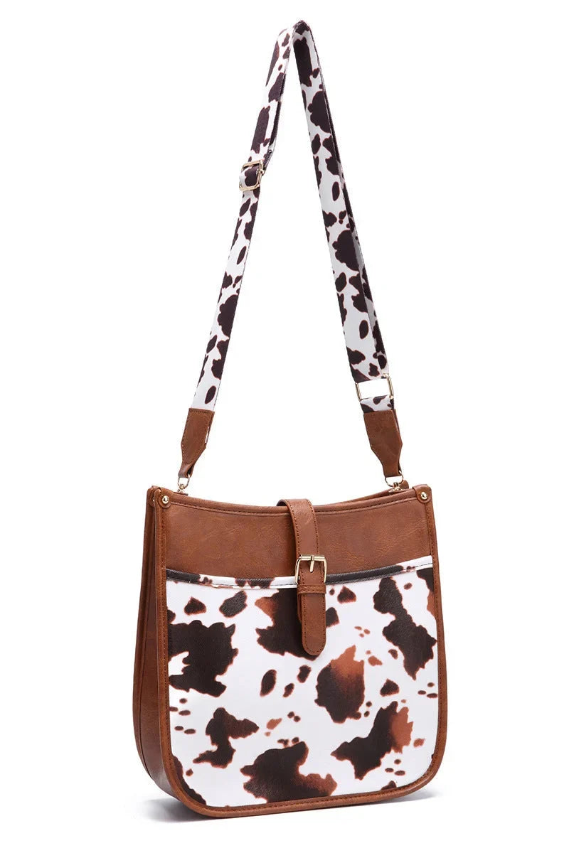 Modern Western Cowboy Style Brown Cow Print Crossbody Bag