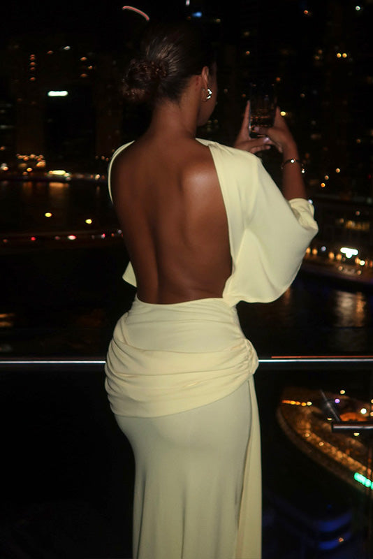 Open-Back Ruched Slit Maxi-Length Dress
