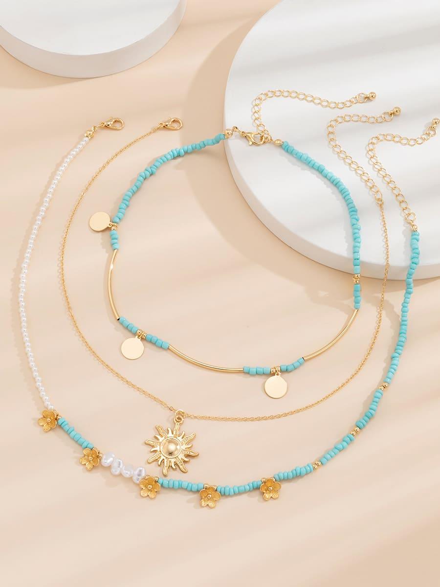 3pcs Sun & Flower Faux Pearl Beaded Necklace