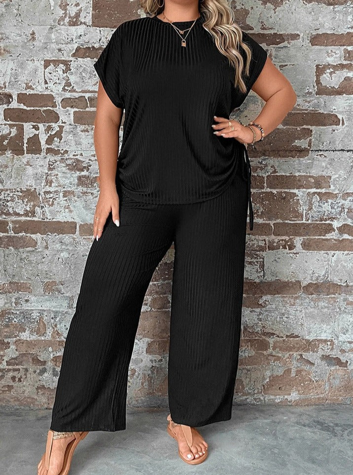 Lana - Two-Piece Plus Size Short-Sleeve Sexy Wide-Leg Pants