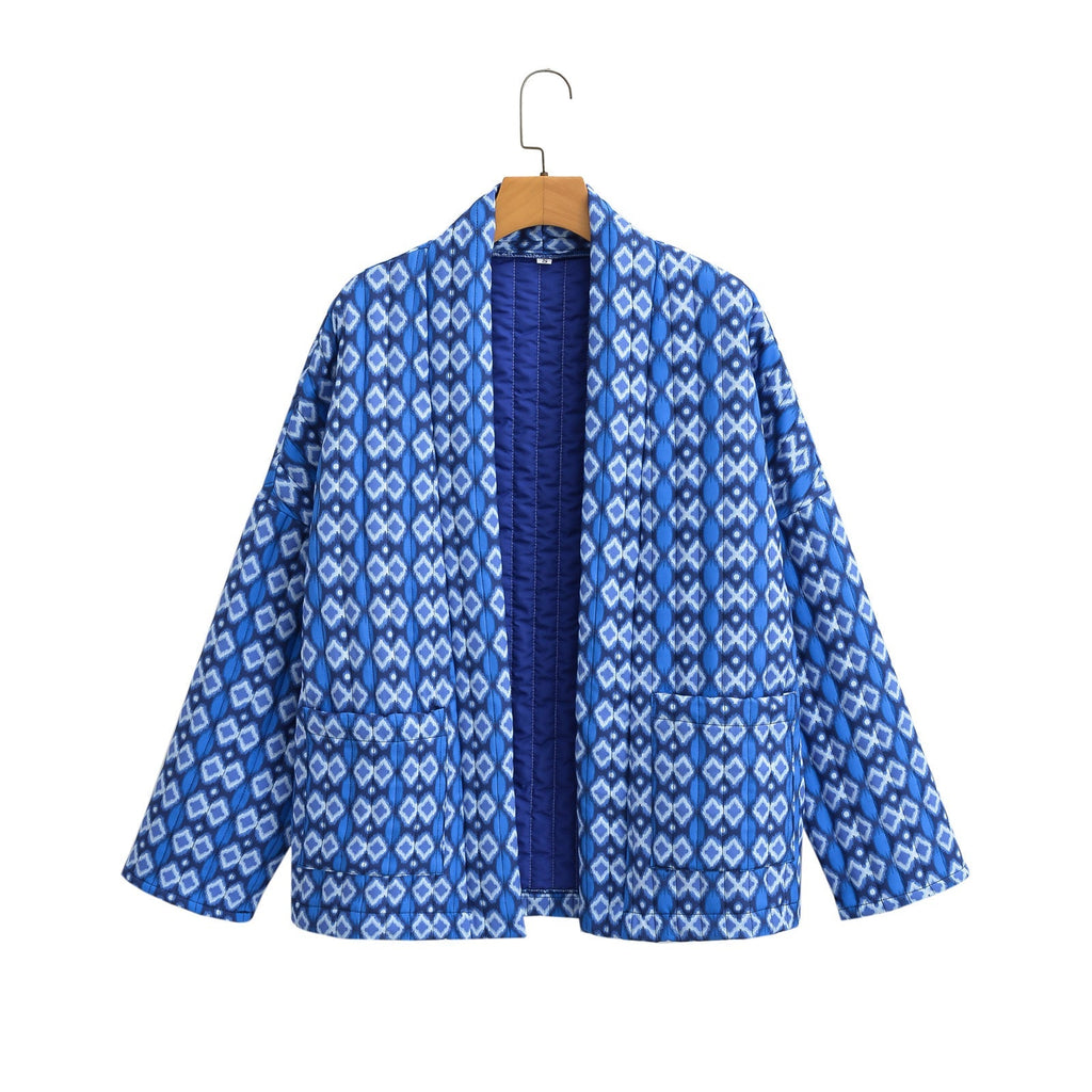 Quilted Jacket with Floral Print, Geometric Pattern and Pockets
