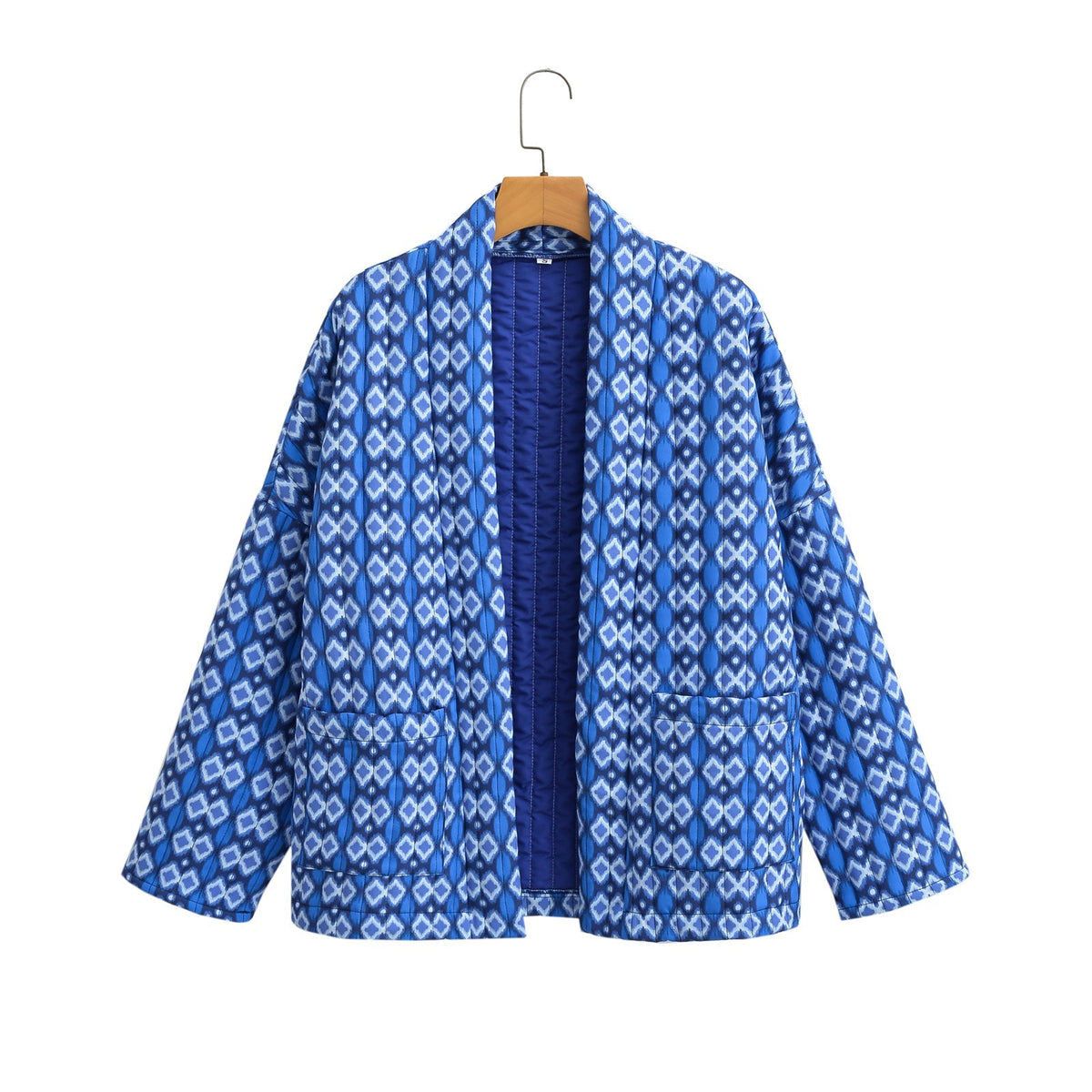 Quilted Jacket with Floral Print, Geometric Pattern and Pockets