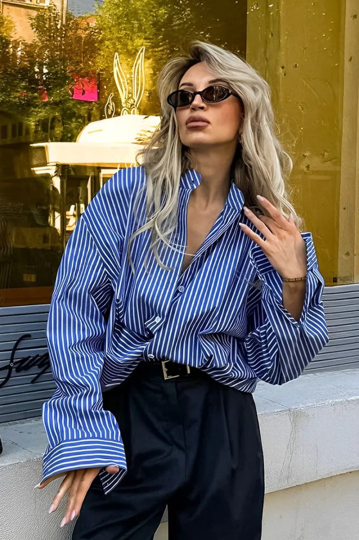 Modern Patchwork Striped Loose Long Sleeve Blouse