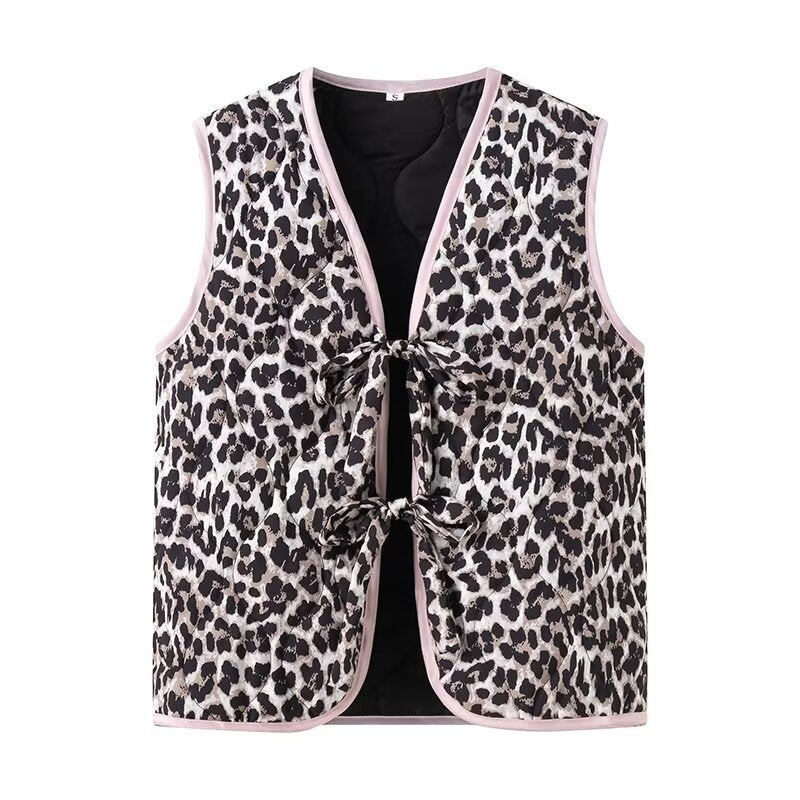 Denim Vest with Leopard Print, Bow Details and Relaxed Fit