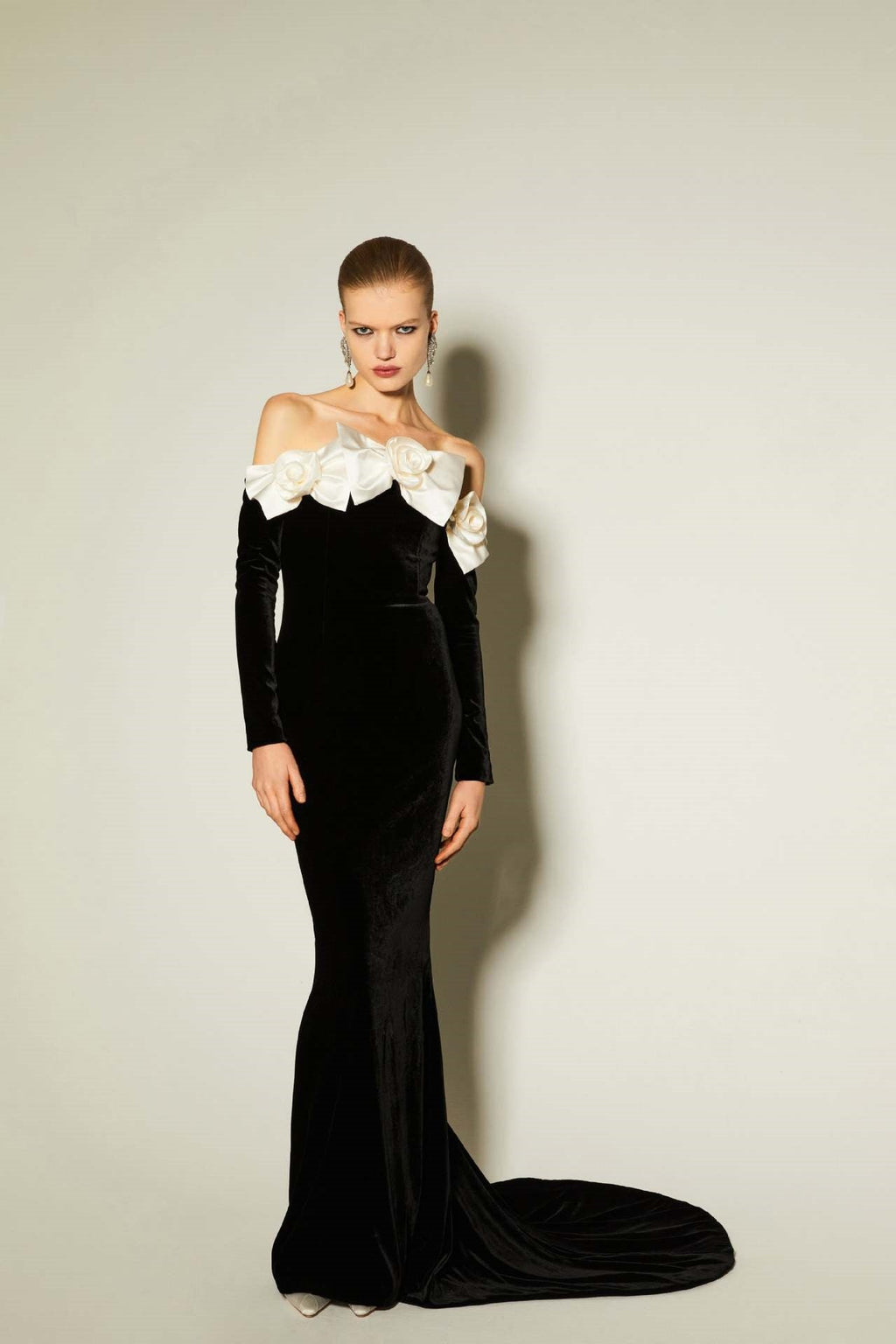 Lara Bowtie Off-shoulder Velvet Maxi-Length Dress
