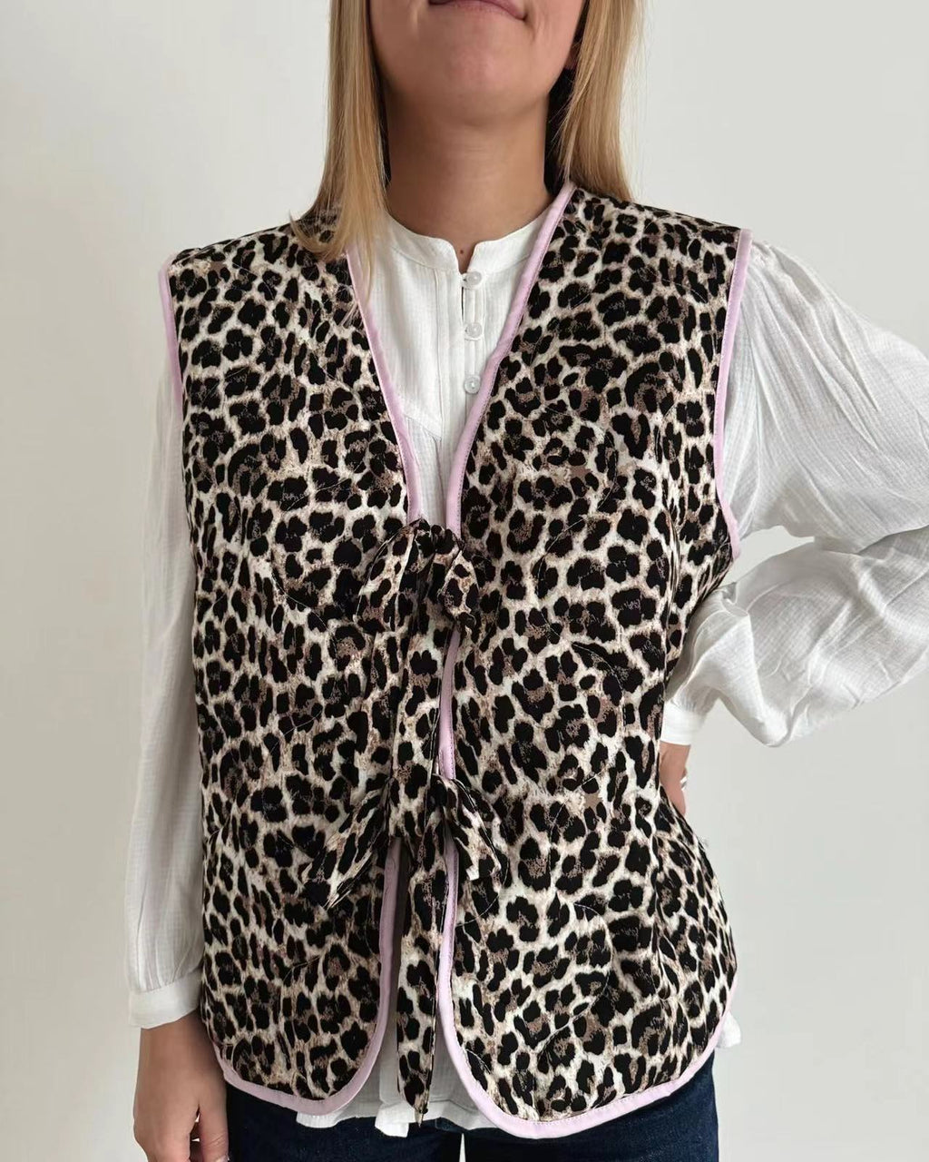Denim Vest with Leopard Print, Bow Details and Relaxed Fit