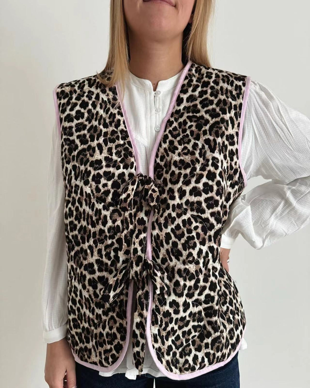 Denim Vest with Leopard Print, Bow Details and Relaxed Fit
