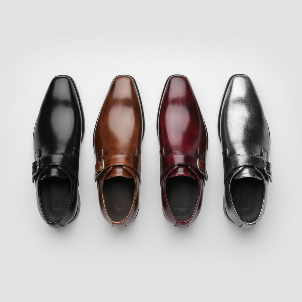 Burnished Leather Monk Strap Shoes with Buckle Strap