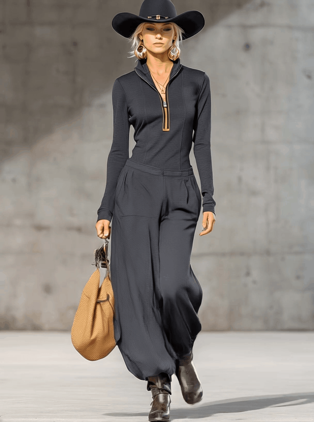 Relaxed Retro Sports Dark Gray Half-high Collar Front Zipper Long-sleeved Top And Wide Trousers Set