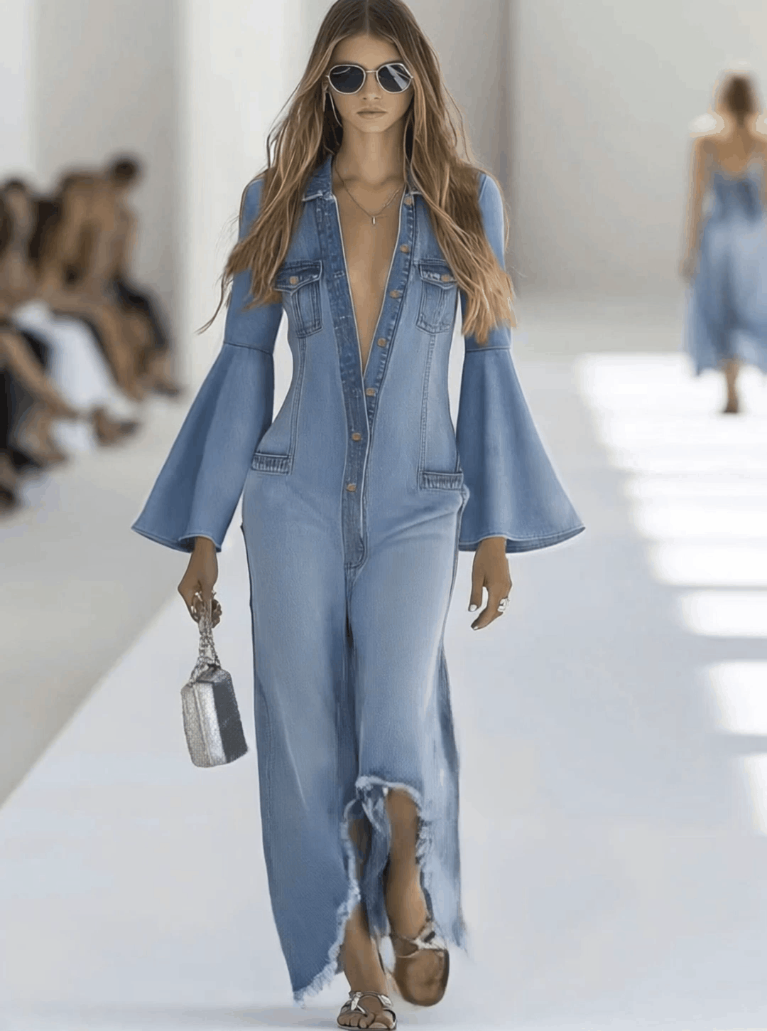 Relaxed Retro Light Blue Denim Flared Long-Sleeved Wide-Leg Raw Edge Jumpsuit