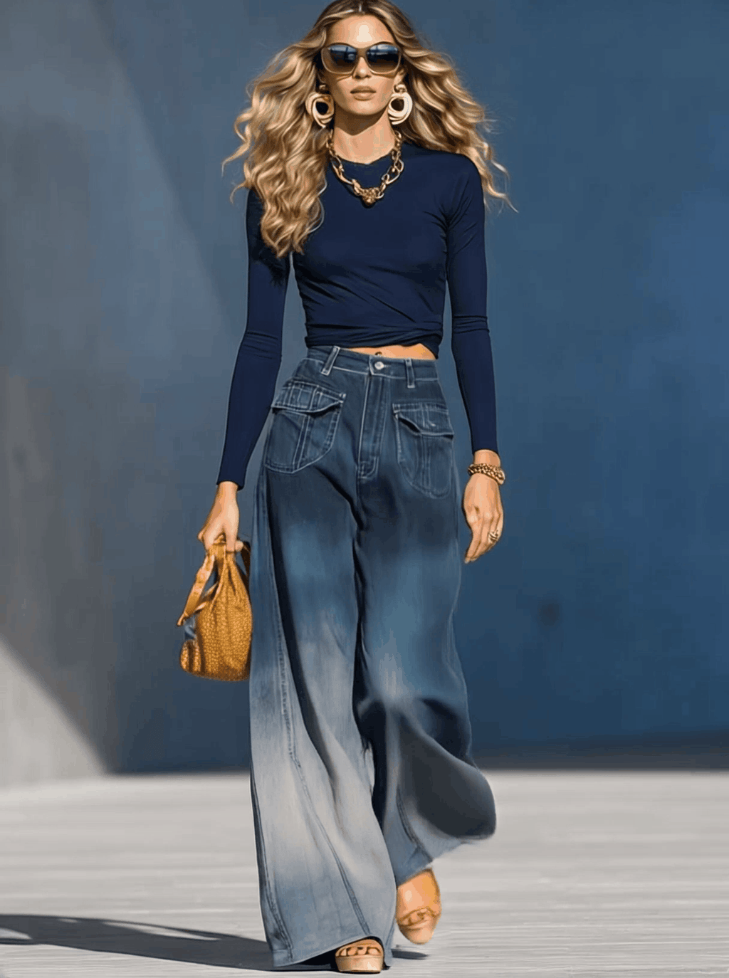 Relaxed Fashion Gradient Washed Denim Blue Gray Loose Trousers
