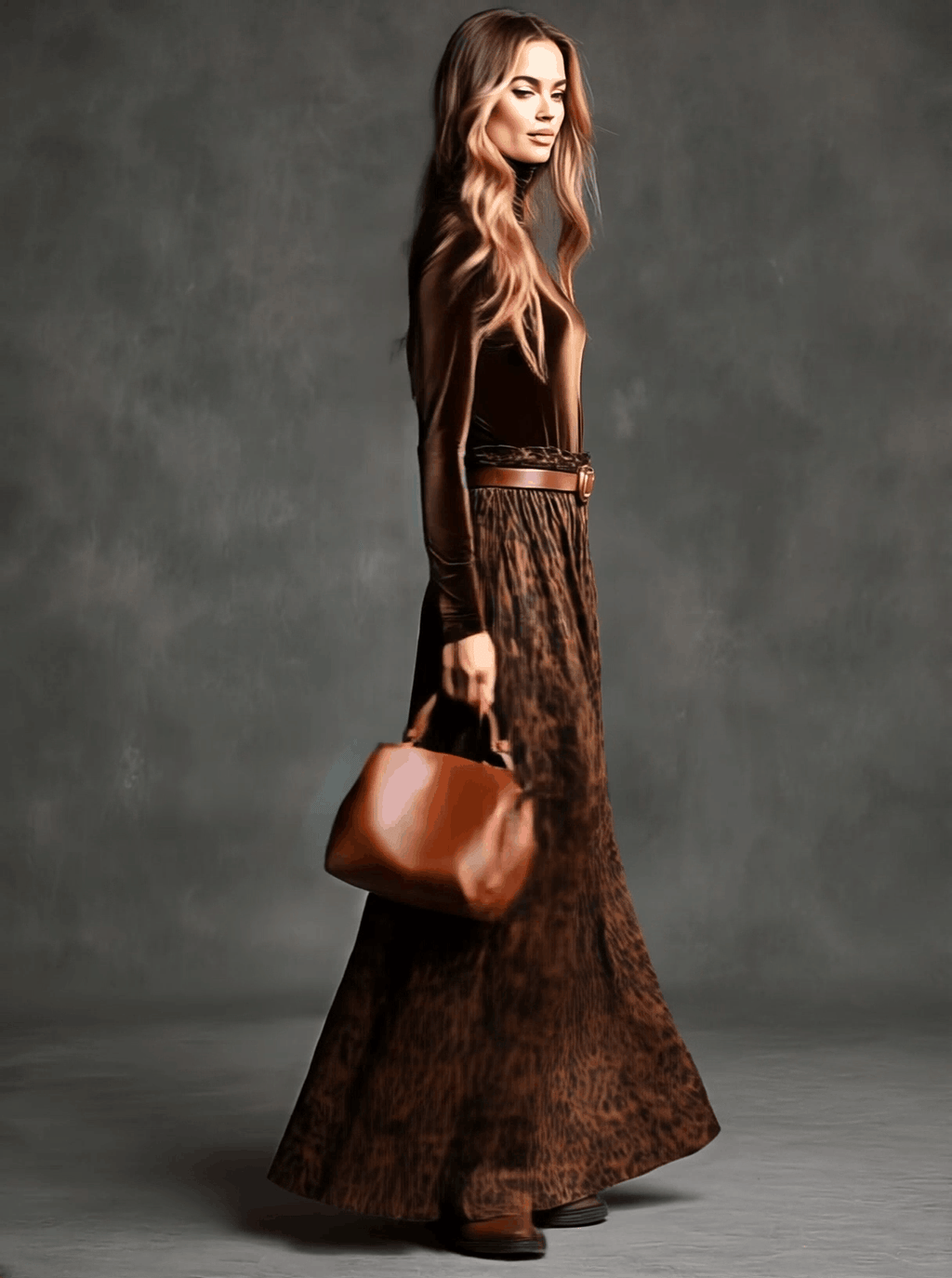 Retro Turtleneck Velvet Top And Leopard Print Skirt Set