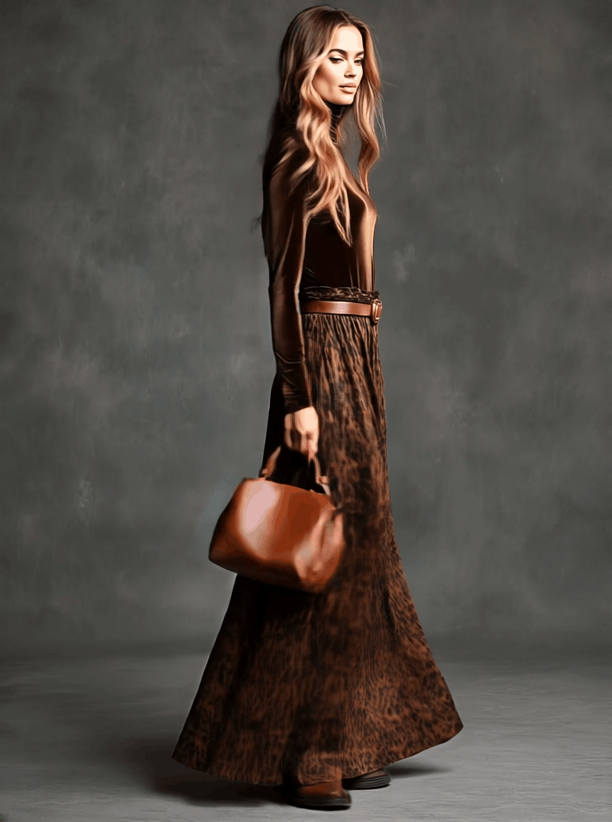 Retro Turtleneck Velvet Top And Leopard Print Skirt Set