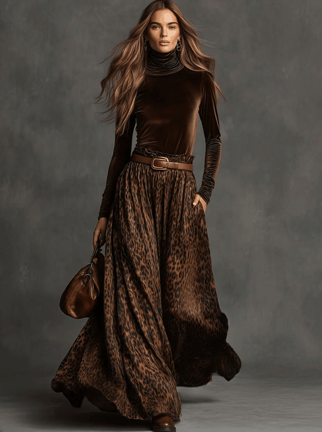 Retro Turtleneck Velvet Top And Leopard Print Skirt Set