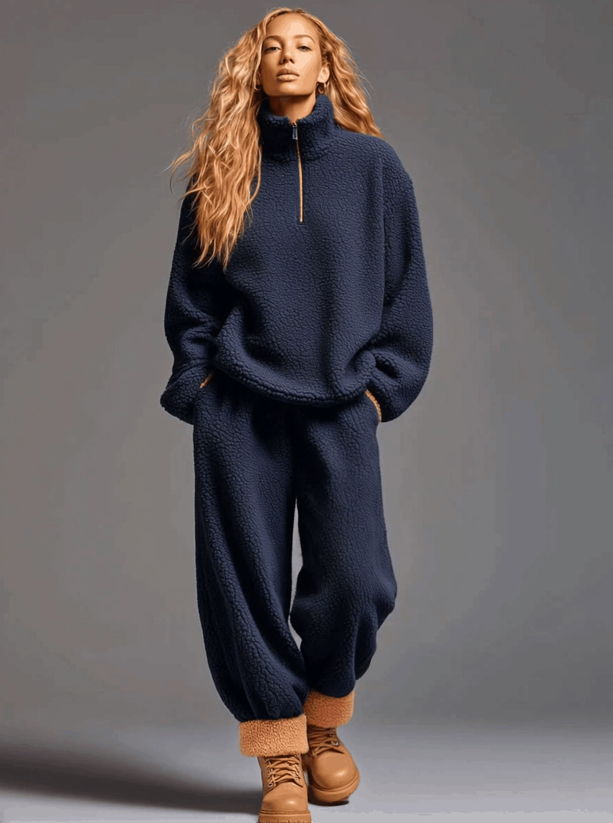 Relaxed Navy Blue Polar Fleece Half-zip Sweatshirt Trousers Sports Set