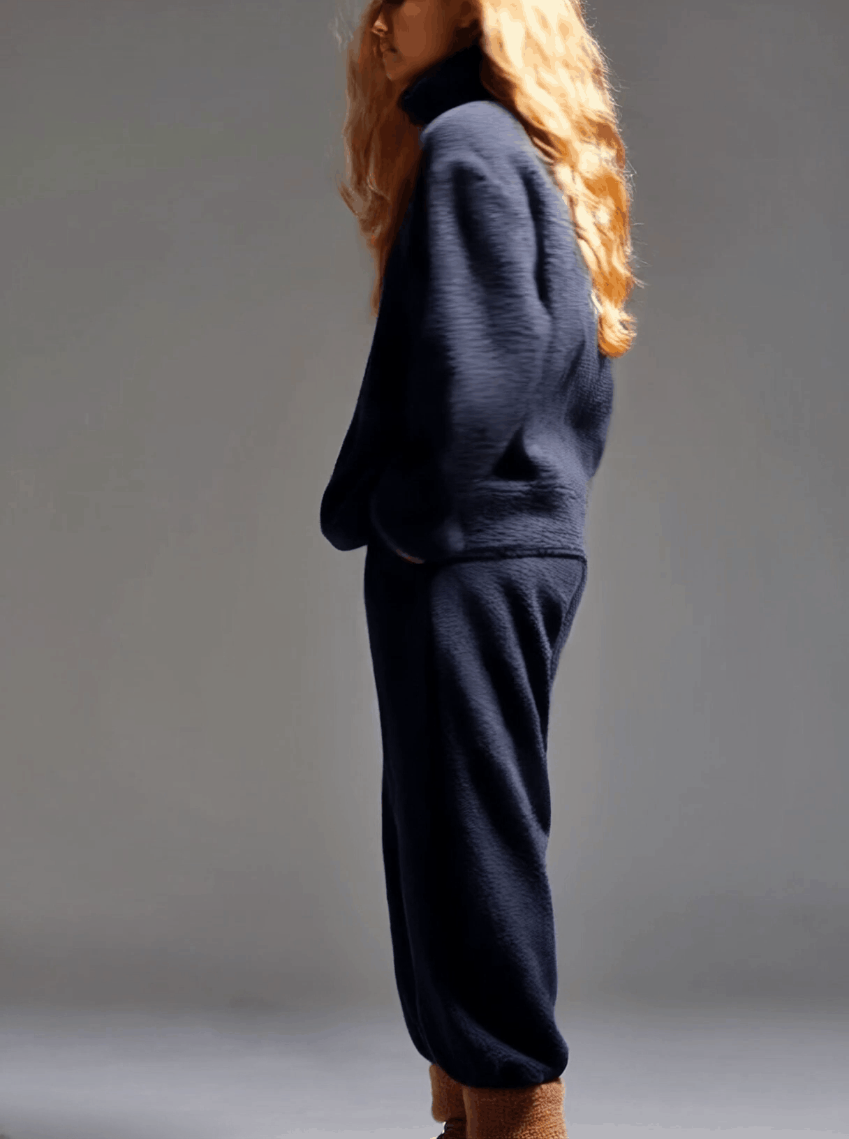 Relaxed Navy Blue Polar Fleece Half-zip Sweatshirt Trousers Sports Set
