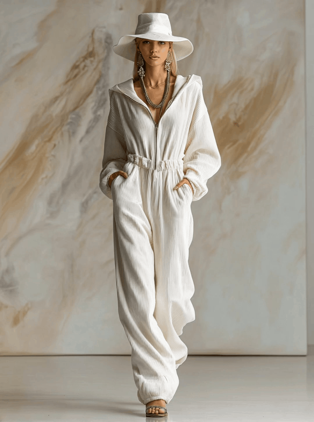 Relaxed Loose Fashionable White Corduroy Hooded Front Zipper Long Sleeve Jumpsuit