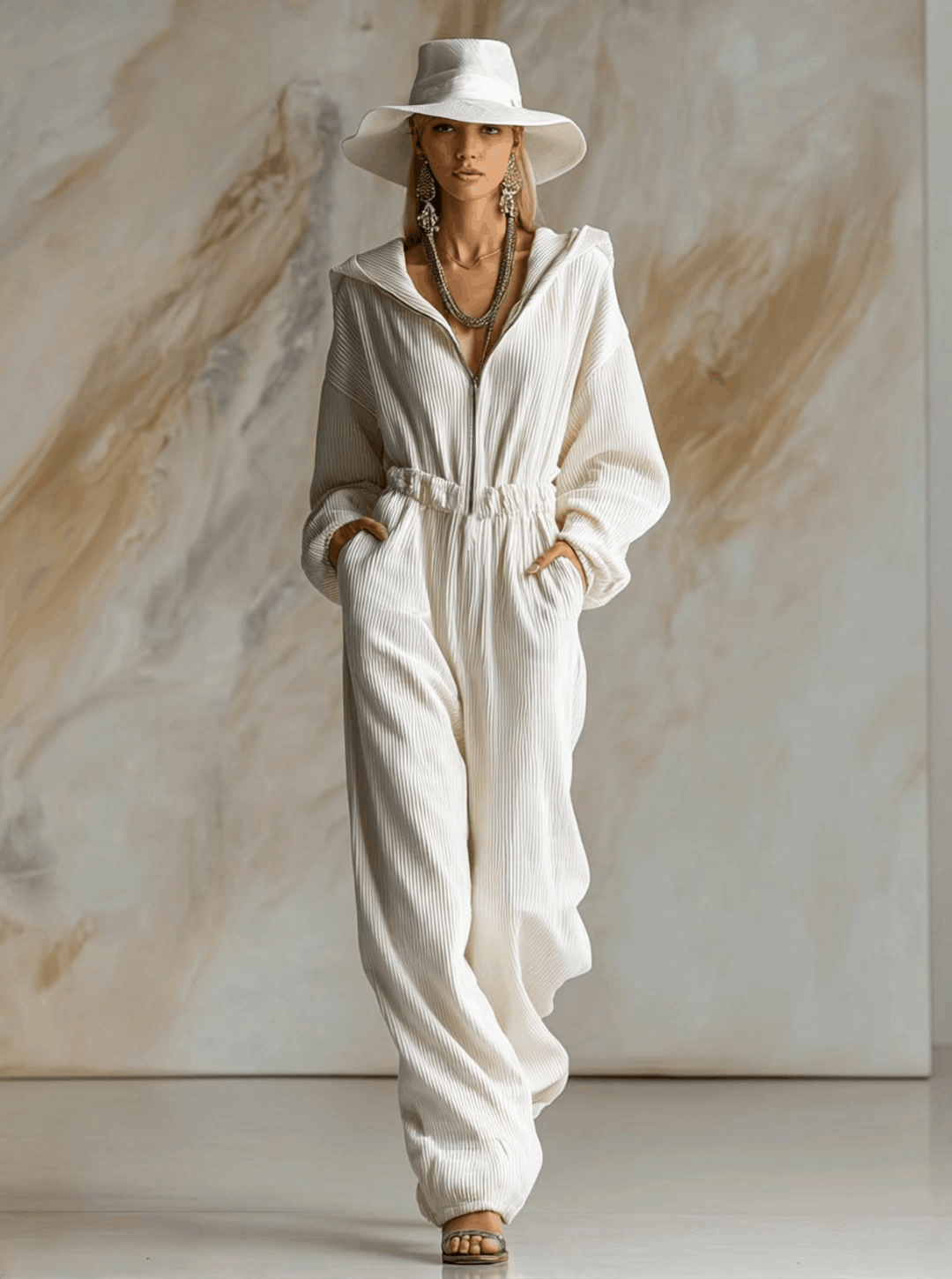 Relaxed Loose Fashionable White Corduroy Hooded Front Zipper Long Sleeve Jumpsuit