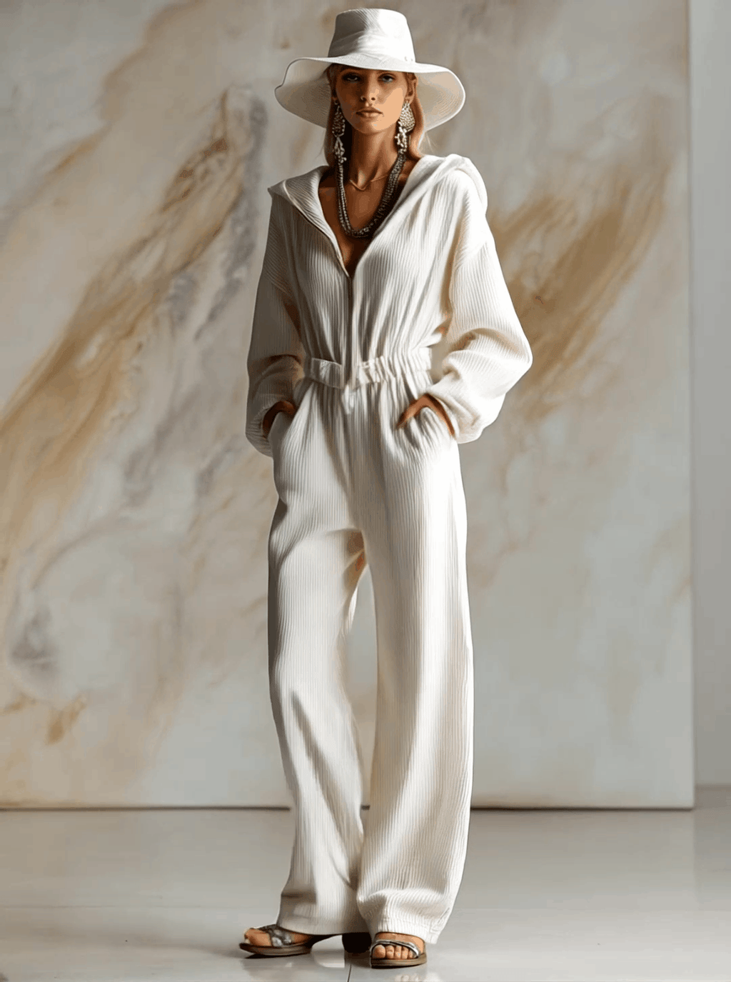 Relaxed Loose Fashionable White Corduroy Hooded Front Zipper Long Sleeve Jumpsuit