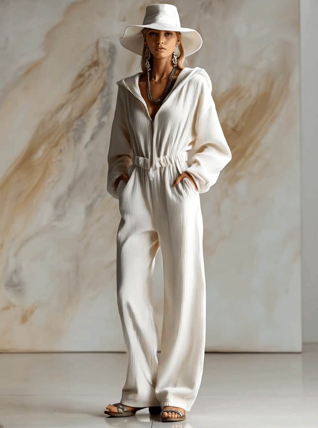 Relaxed Loose Fashionable White Corduroy Hooded Front Zipper Long Sleeve Jumpsuit