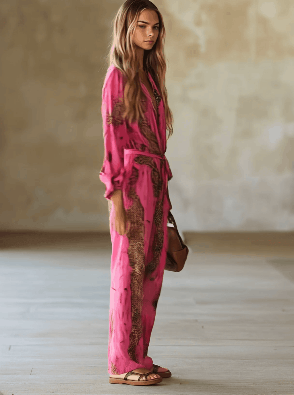 Relaxed Loose Rose Red Chiffon Leopard Print Long-Sleeved Jumpsuit