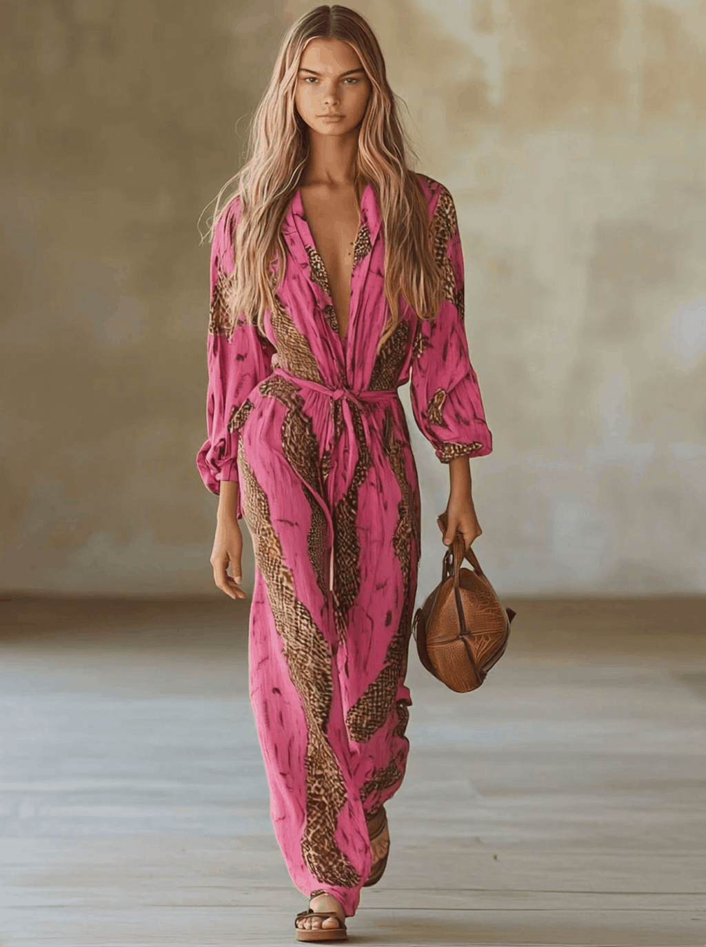Relaxed Loose Rose Red Chiffon Leopard Print Long-Sleeved Jumpsuit