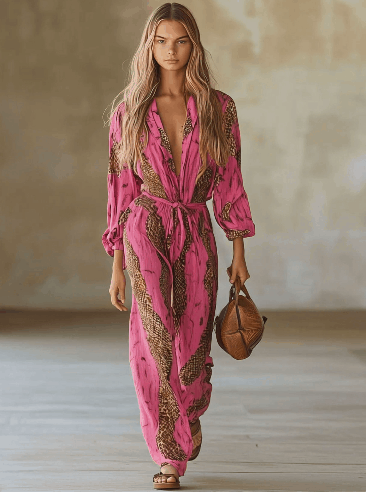 Relaxed Loose Rose Red Chiffon Leopard Print Long-Sleeved Jumpsuit