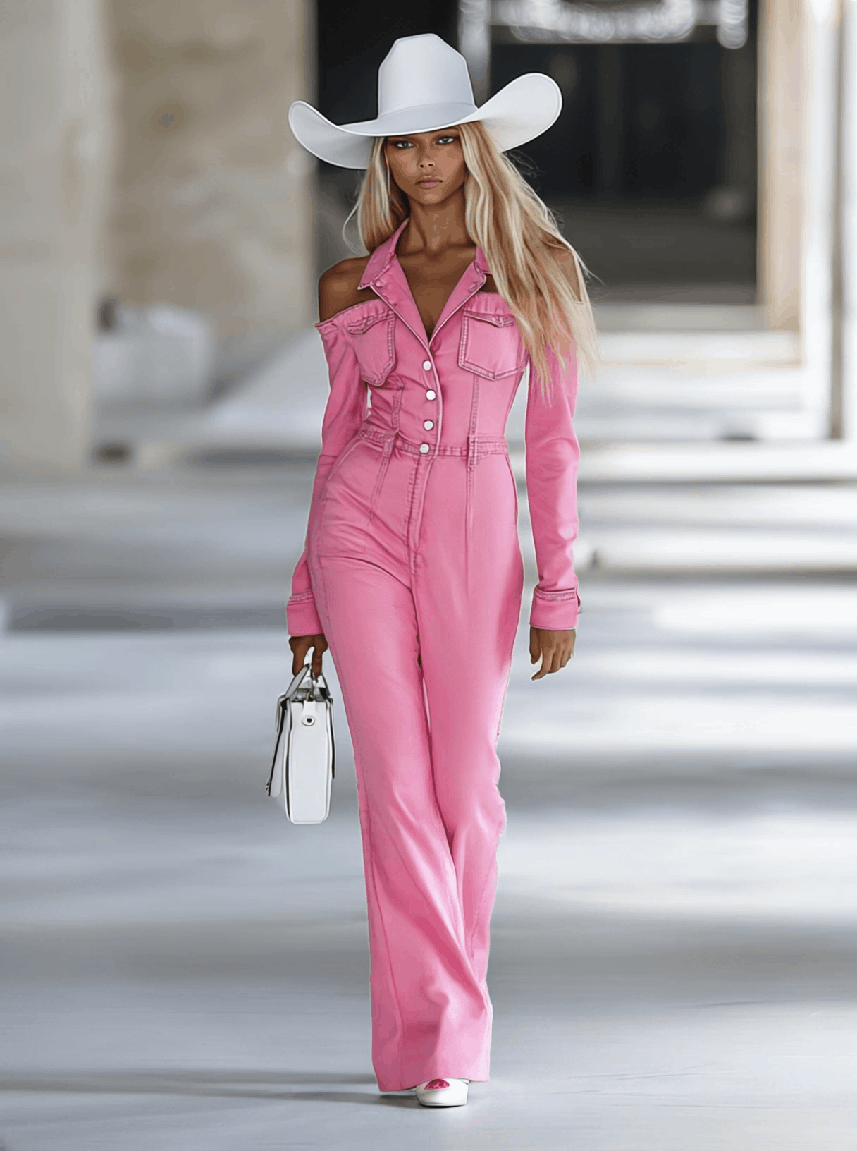 Modern Fashionable Personalized Lapel Pink Denim Off-the-shoulder Long-sleeved Flared Jumpsuit