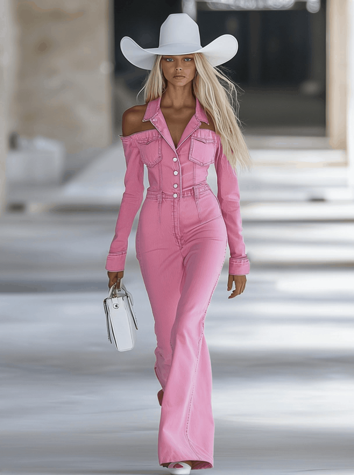 Modern Fashionable Personalized Lapel Pink Denim Off-the-shoulder Long-sleeved Flared Jumpsuit
