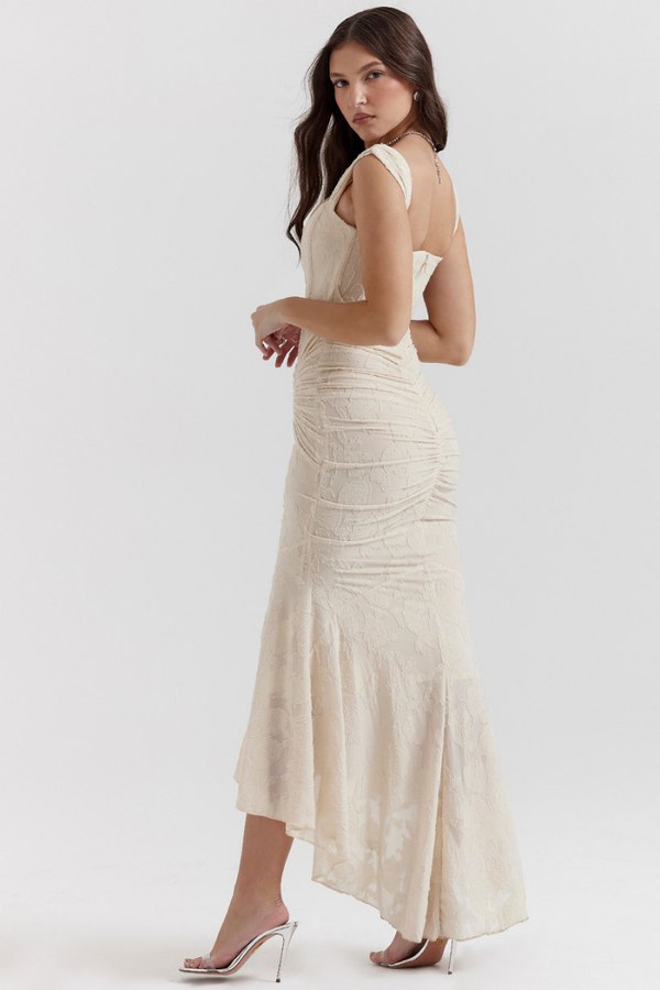 Octavie Ruched Corset Maxi-Length Dress In Beige