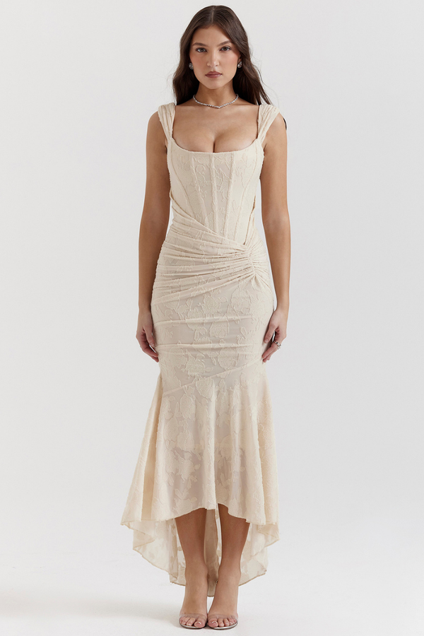 Octavie Ruched Corset Maxi-Length Dress In Beige