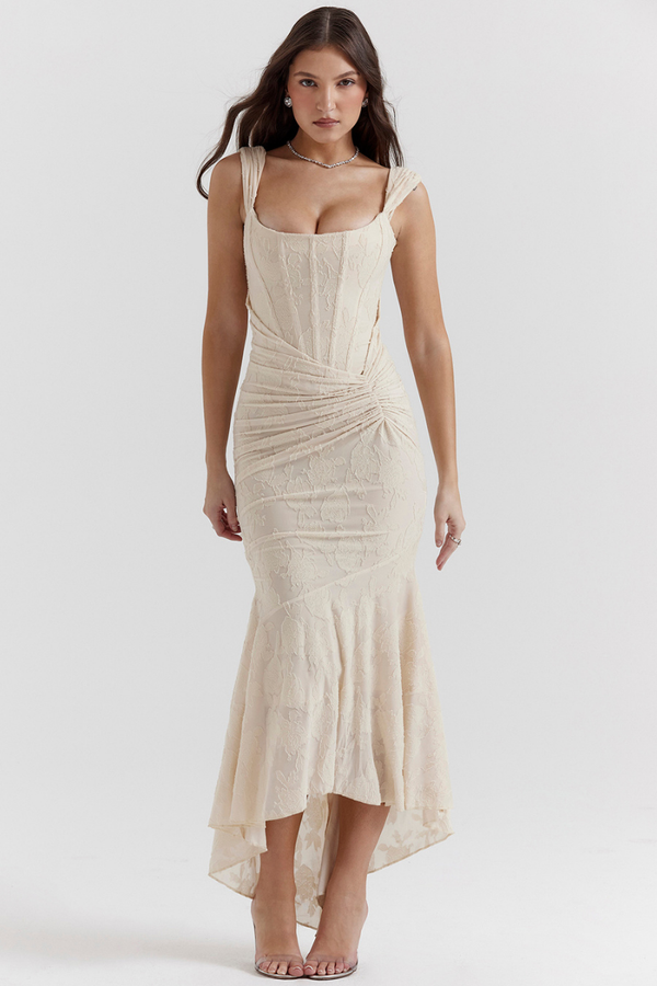 Octavie Ruched Corset Maxi-Length Dress In Beige