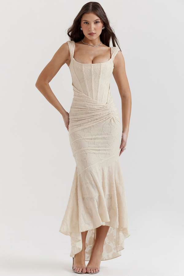 Octavie Ruched Corset Maxi-Length Dress In Beige