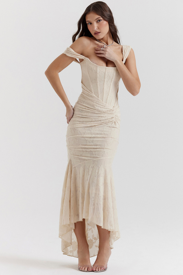 Octavie Ruched Corset Maxi-Length Dress In Beige