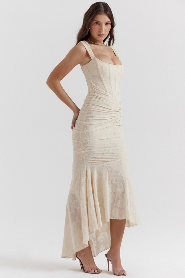 Octavie Ruched Corset Maxi-Length Dress In Beige