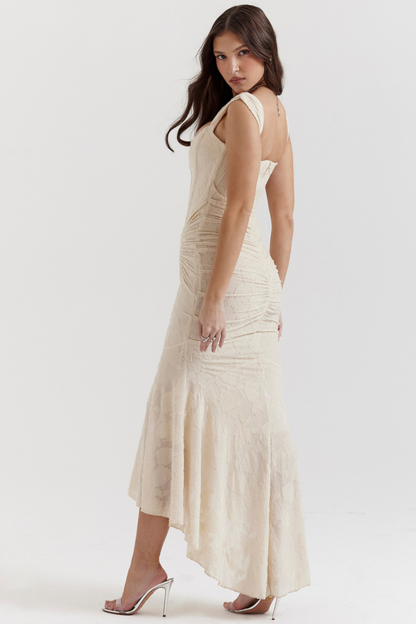 Octavie Ruched Corset Maxi-Length Dress In Beige