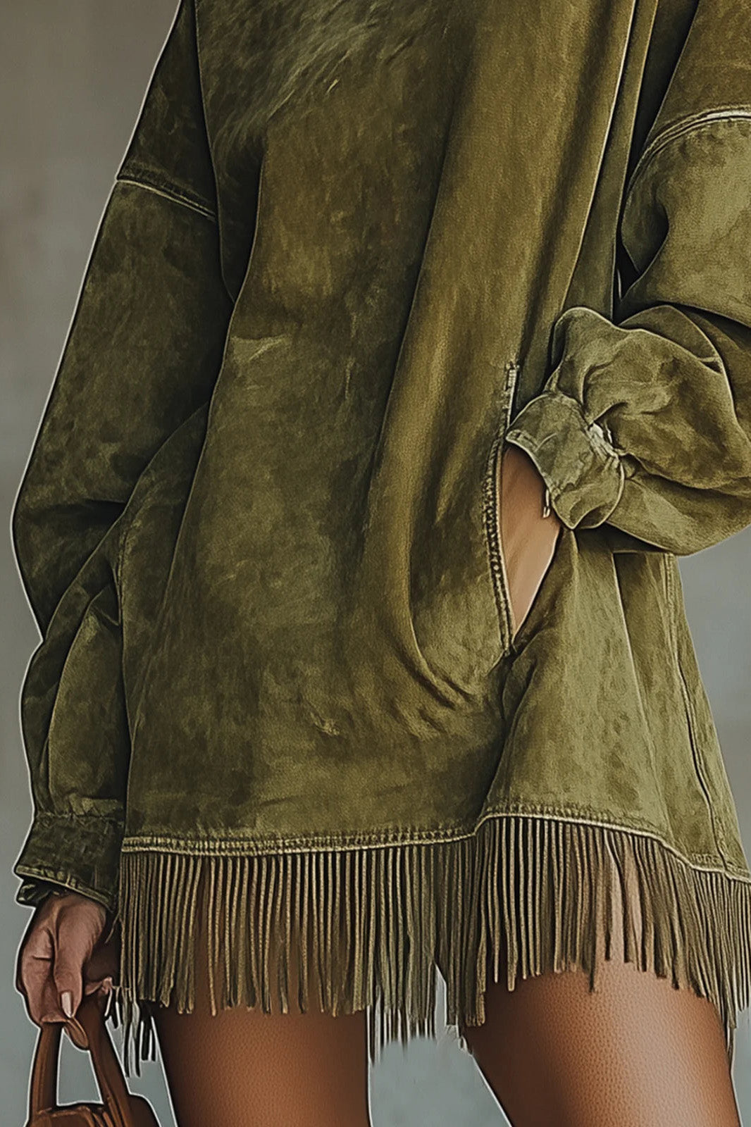 Modern Faux Suede Turtleneck Dress With Fringe Hem