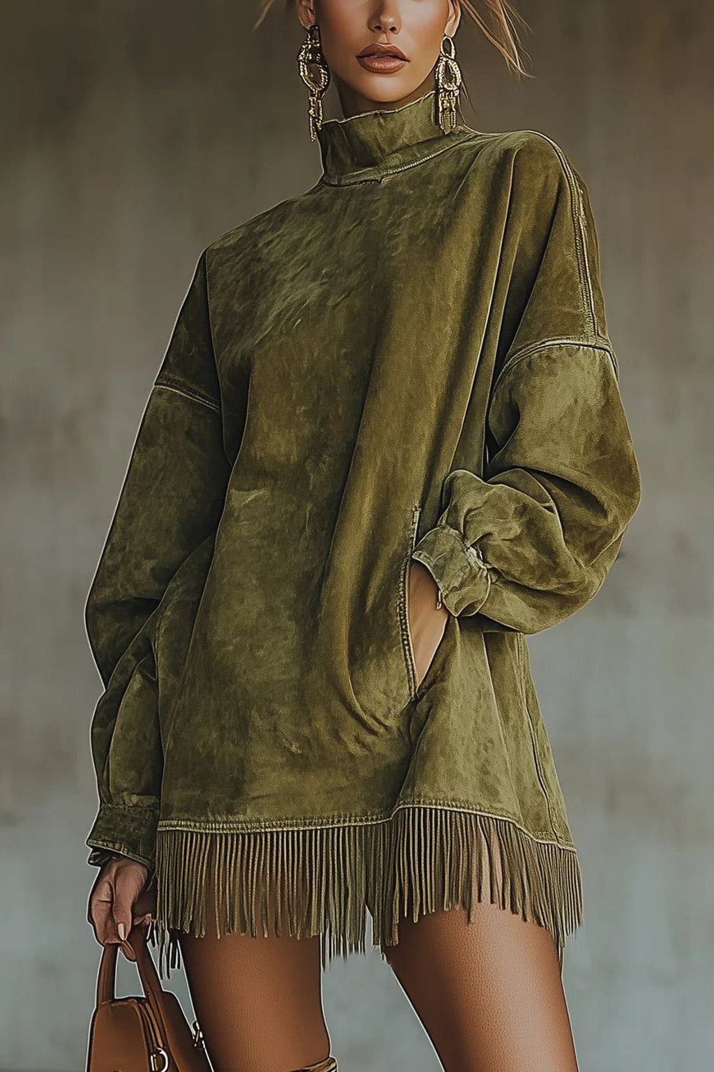 Modern Faux Suede Turtleneck Dress With Fringe Hem