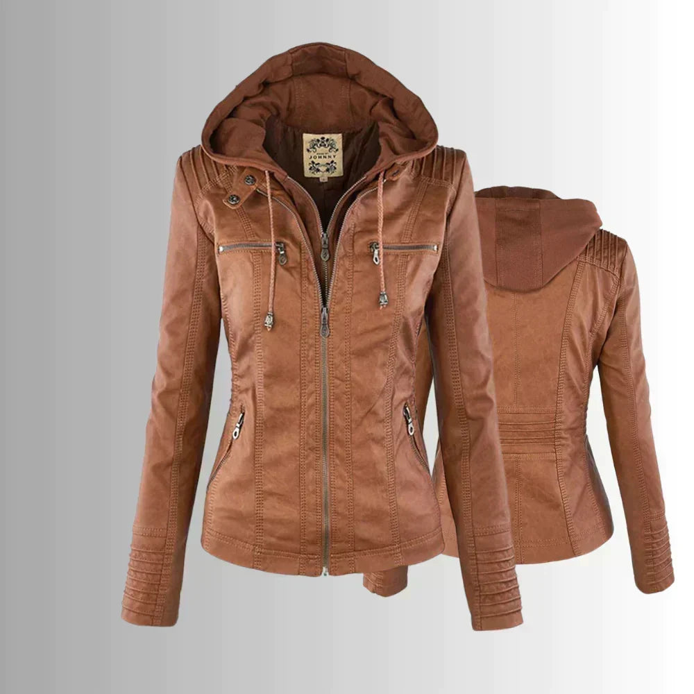 Elegant Leather Biker Jacket with Hood