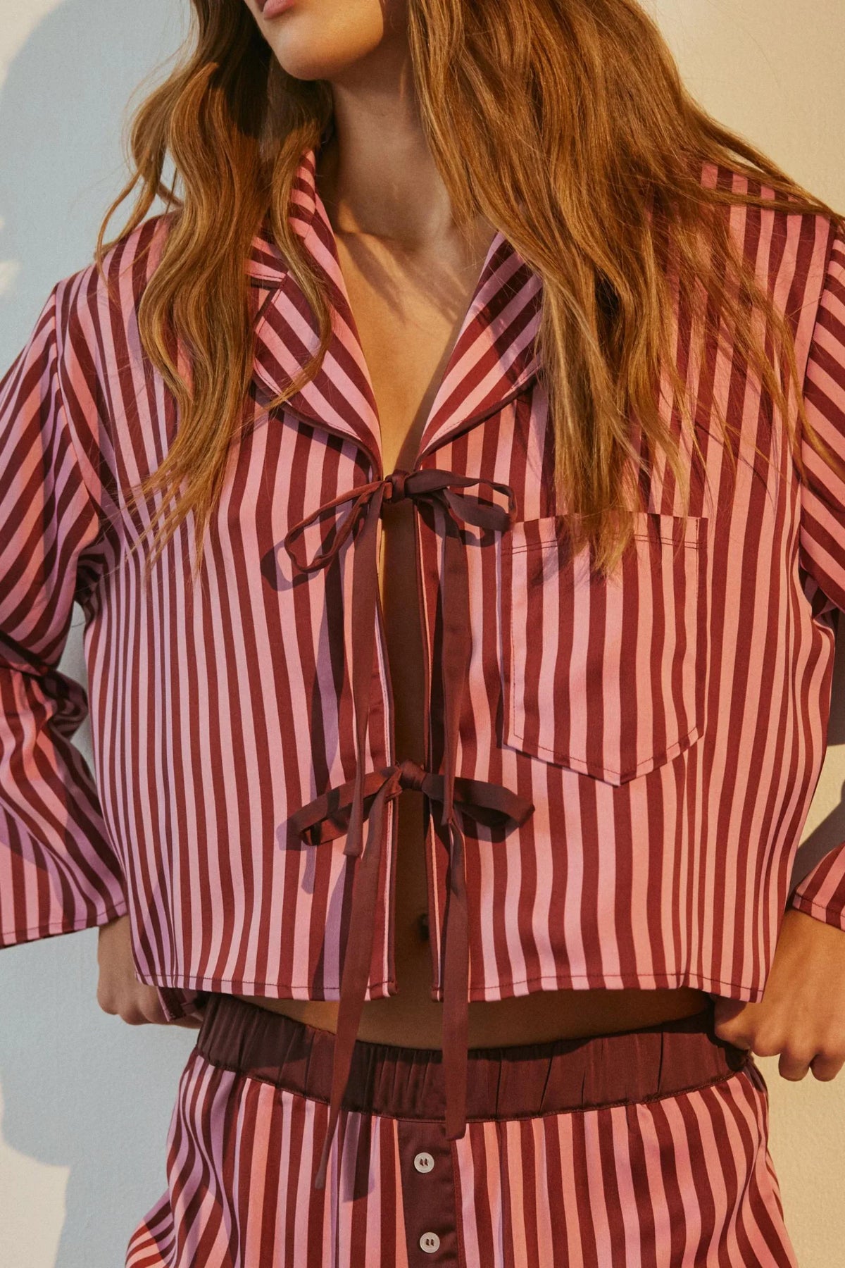 Modern Striped Lace-Up Satin Pajama