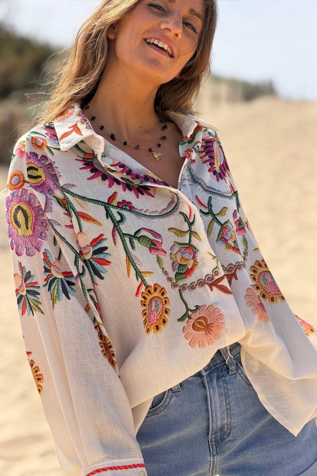 Oversized Beige Button-Front Shirt