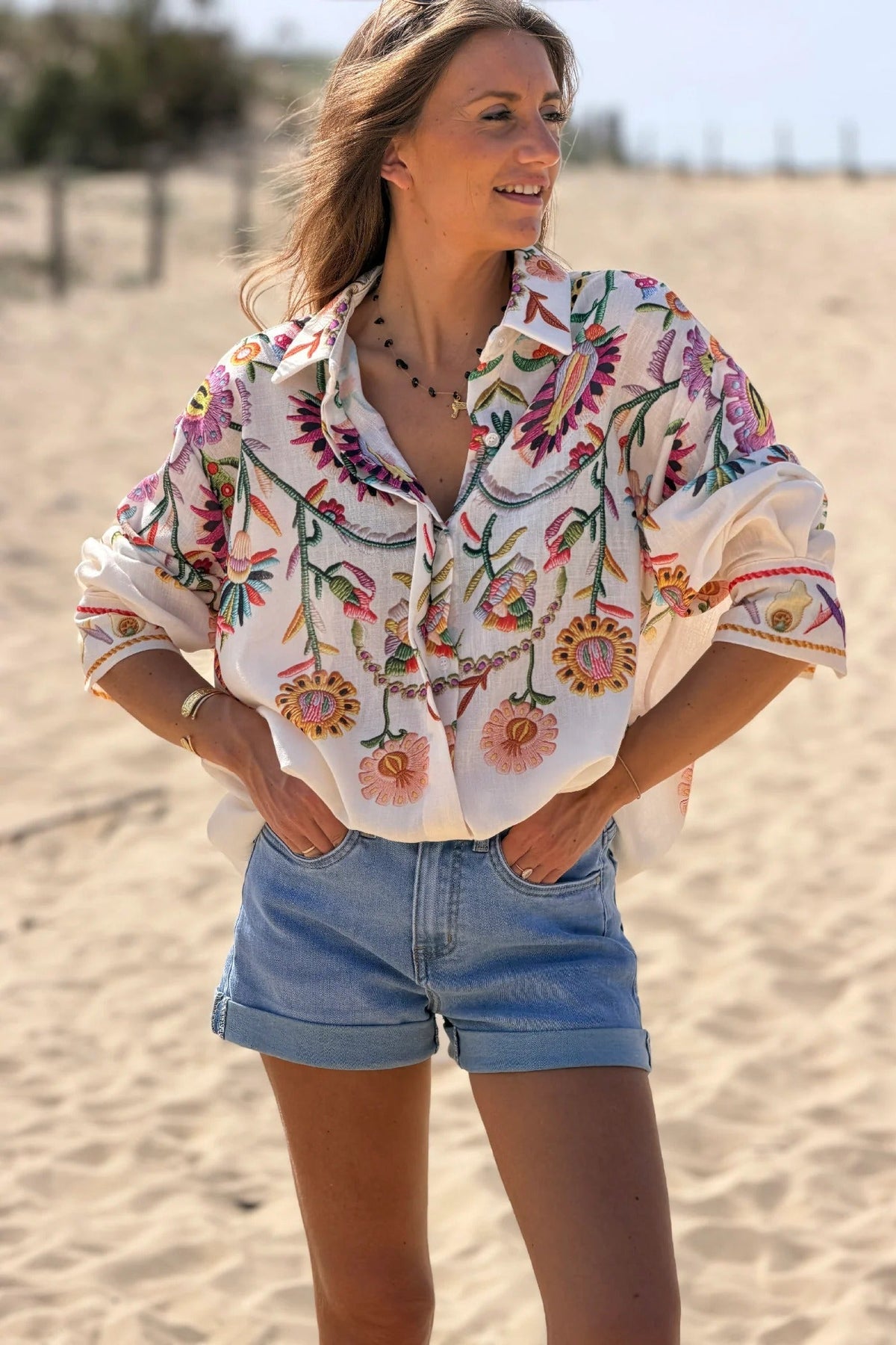 Oversized Beige Button-Front Shirt