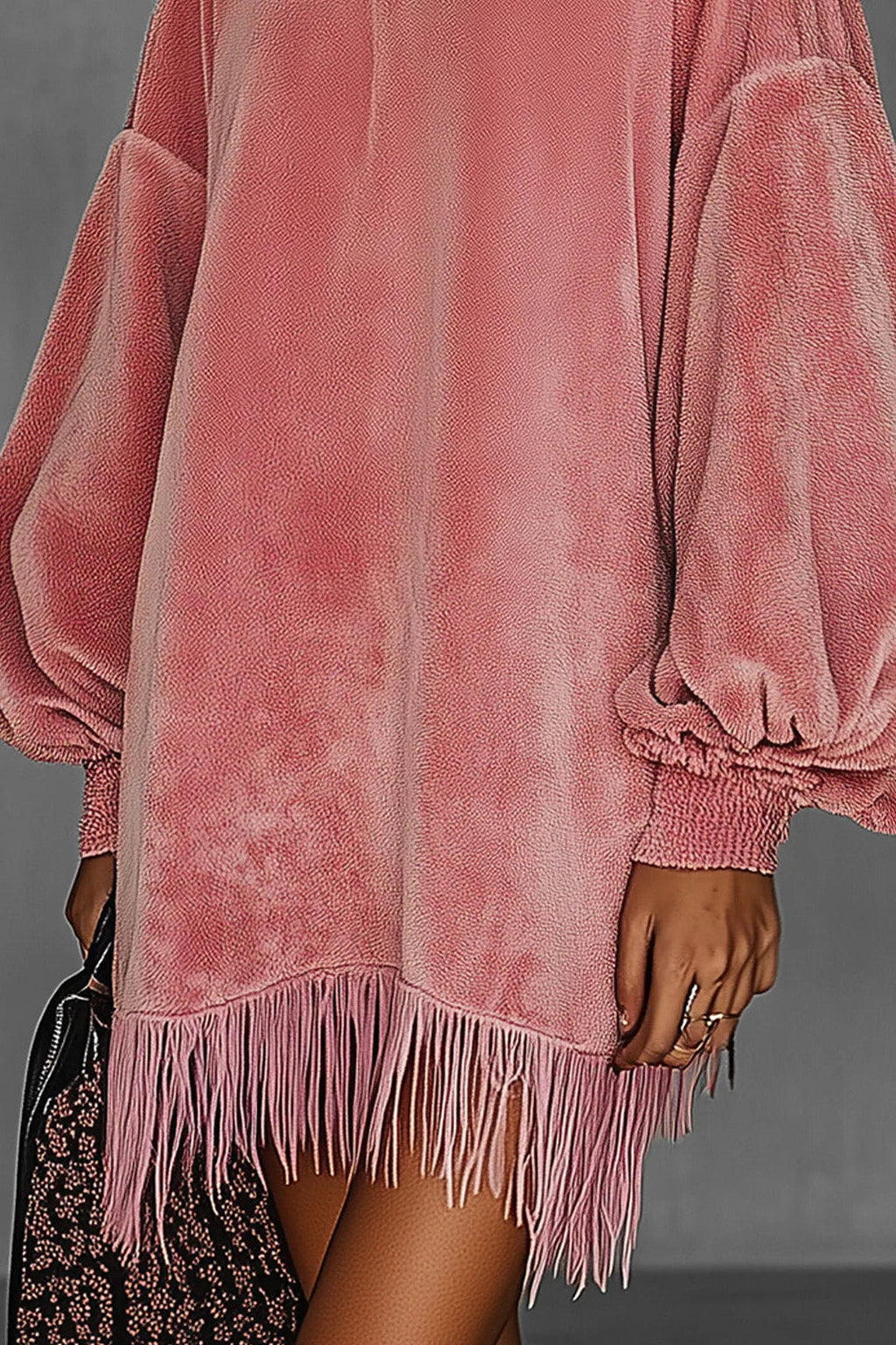 Modern Oversized Pink Fringe Crew Neck Velvet Dress